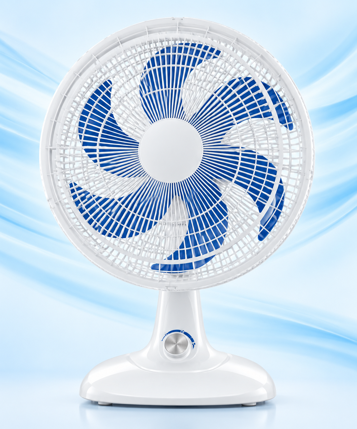 Ventilador branco Mondial Super Power 40 com hélices azuis, ilustrado com movimento de vento